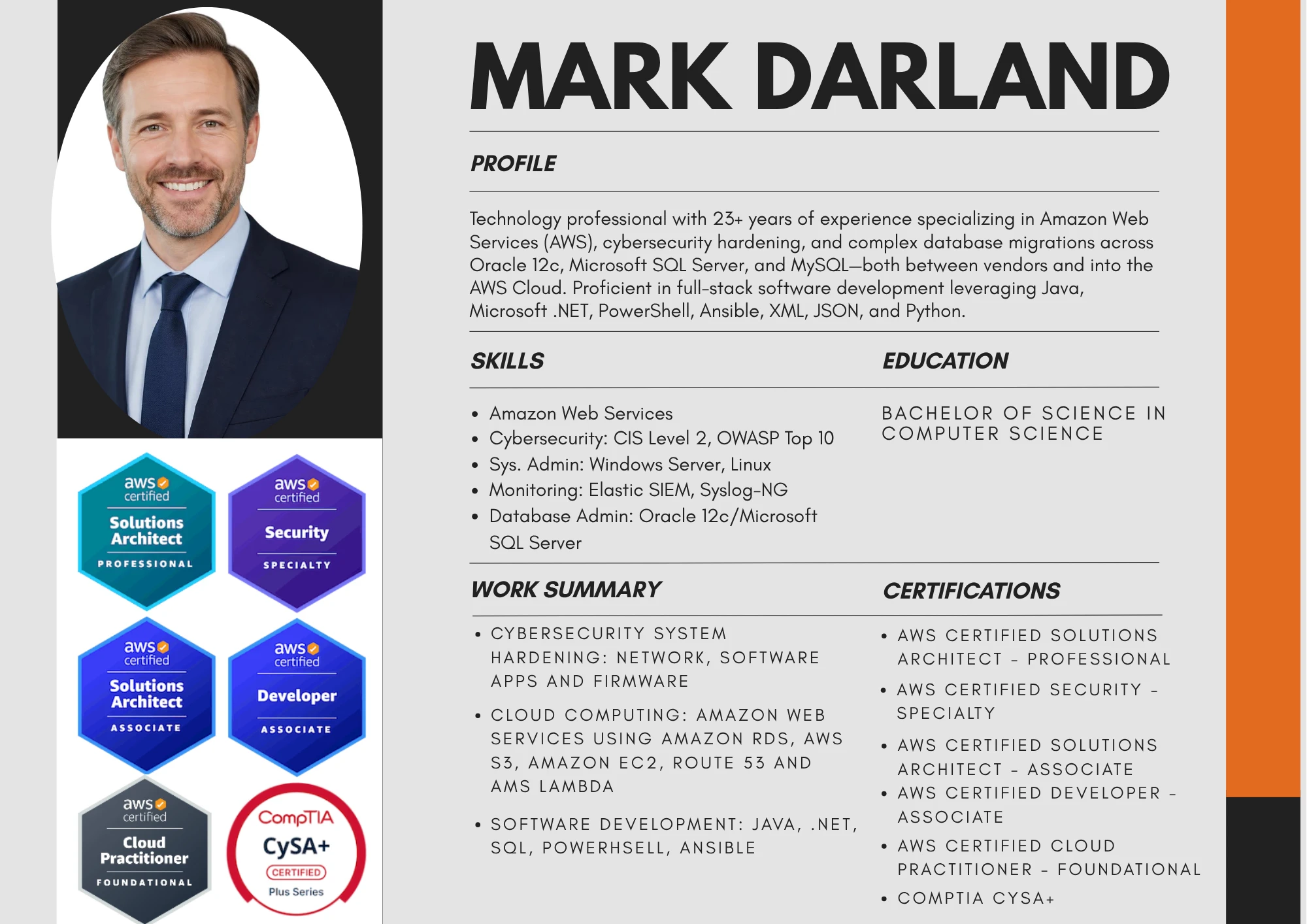 Mark Darland database administrator professional resume detailing AWS certifications, skills, work summary, and education
